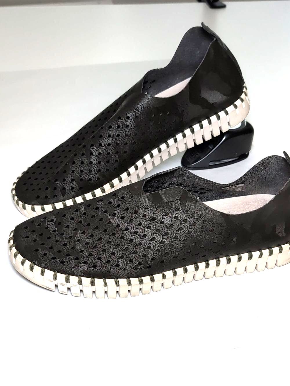 Ilse Jacobsen Black Slip-On Perforated Loafers with White Sole
